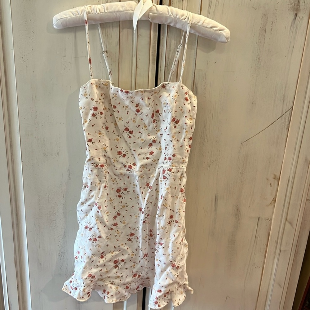 REFORMATION cream linen floral zip short with straps sundress